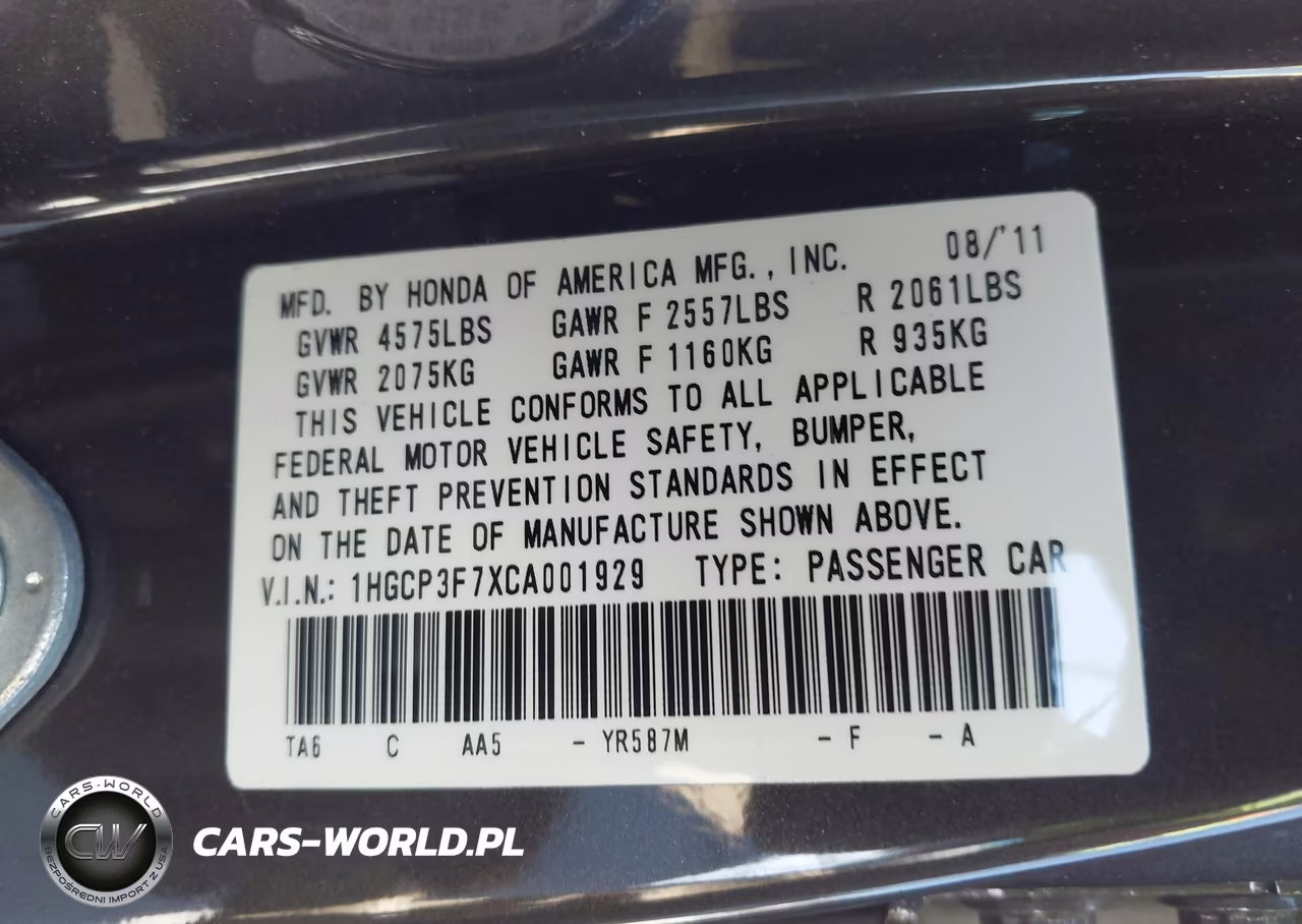 2012 Honda Accord 3.5 Ex VIN:1HGCP3F7XCA001929 - 9