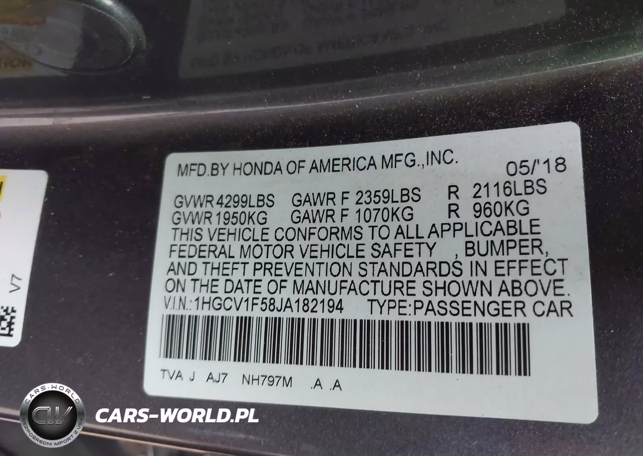 2018 Honda Accord Ex-L VIN:1HGCV1F58JA182194 - 9