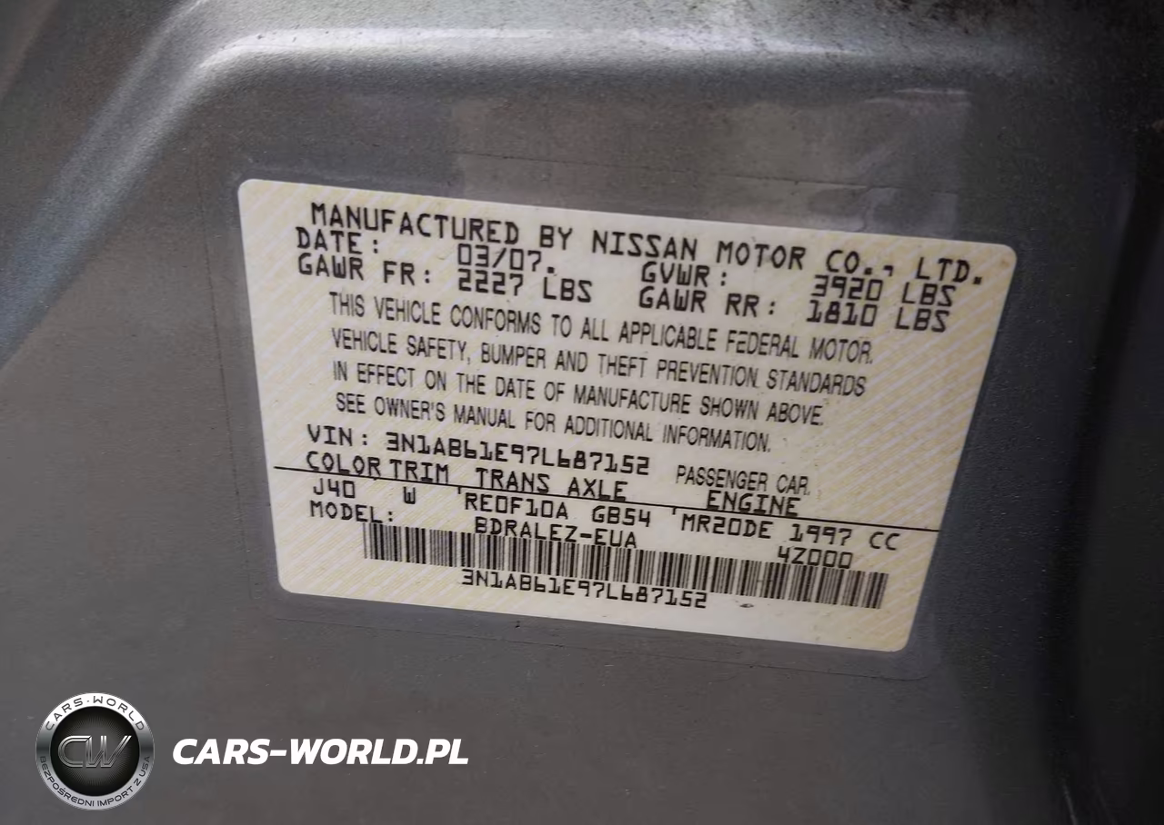 2007 Nissan Sentra 2.0S VIN:3N1AB61E97L687152 - 9