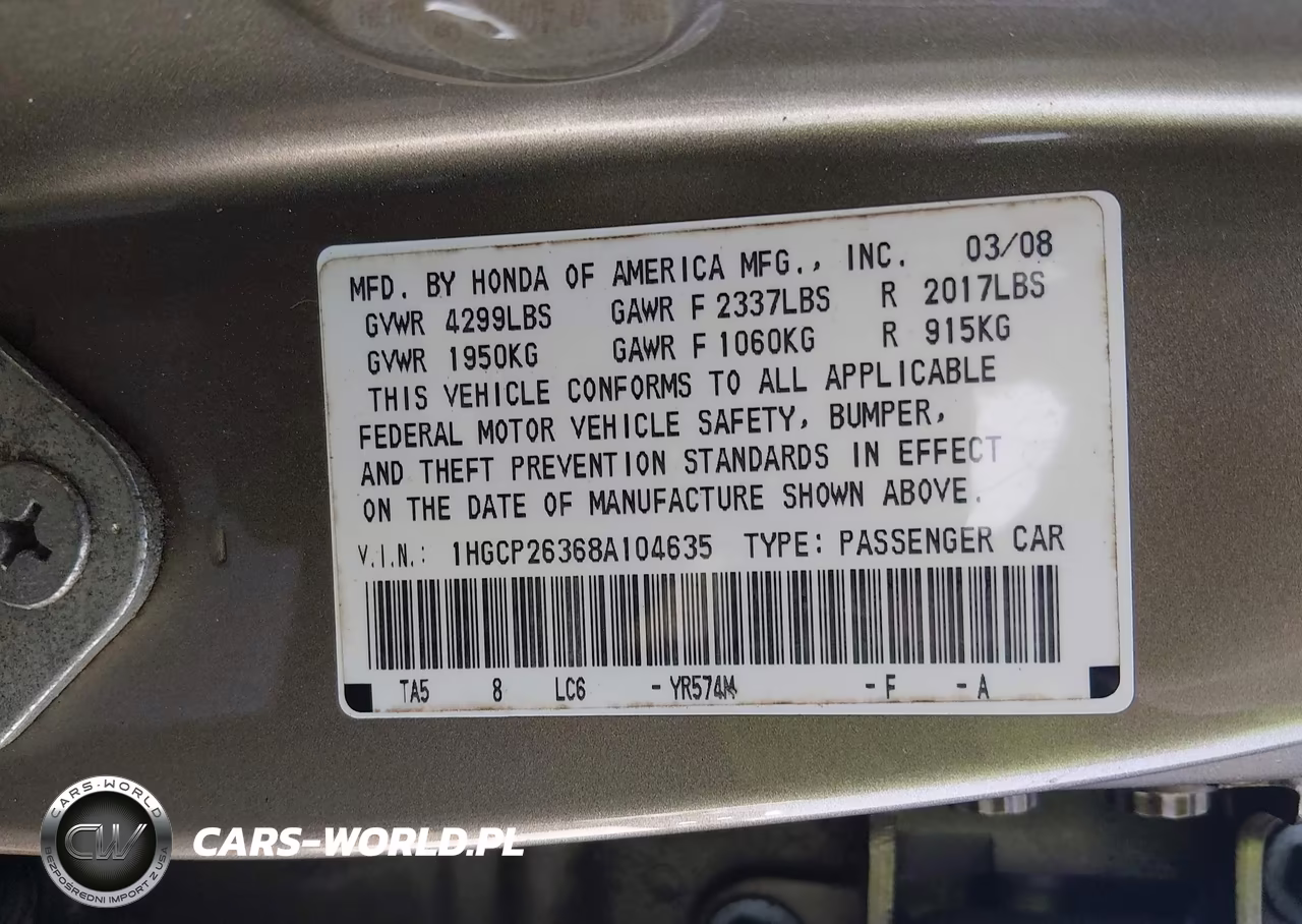 2008 Honda Accord 2.4 Lx VIN:1HGCP26368A104635 - 9