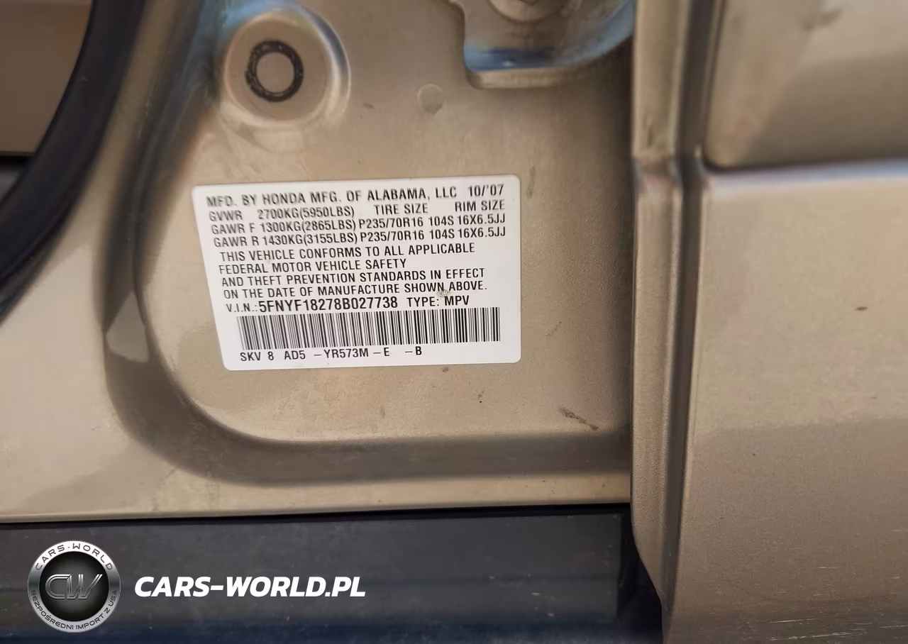 2008 Honda Pilot Vp VIN:5FNYF18278B027738 - 7