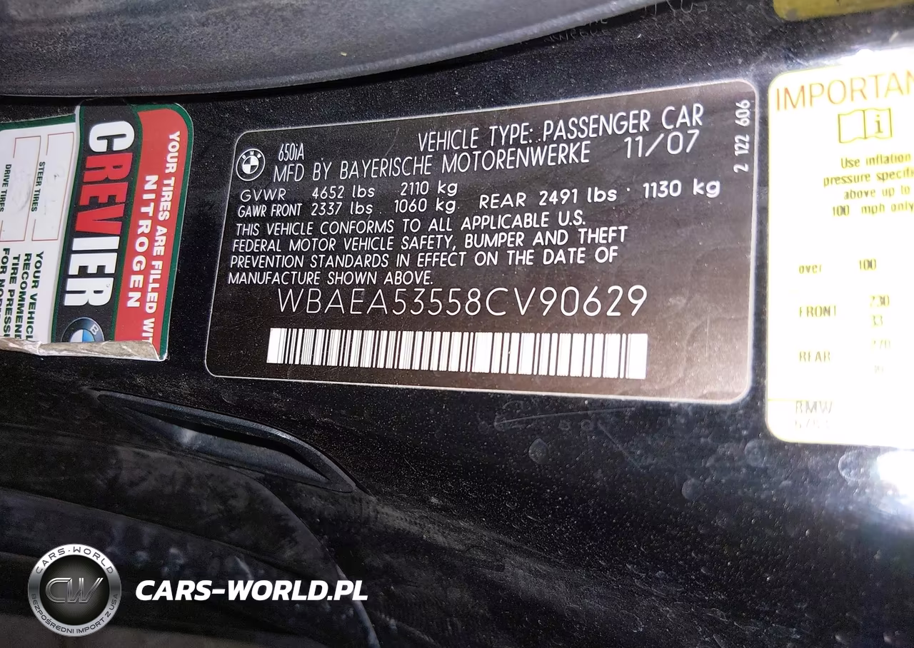 2008 BMW 650I VIN:WBAEA53558CV90629 - 9