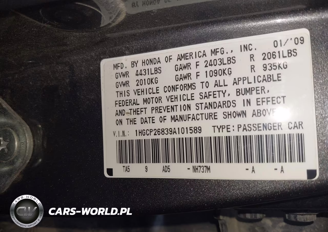 2009 Honda Accord 2.4 Ex-L VIN:1HGCP26839A101589 - 9