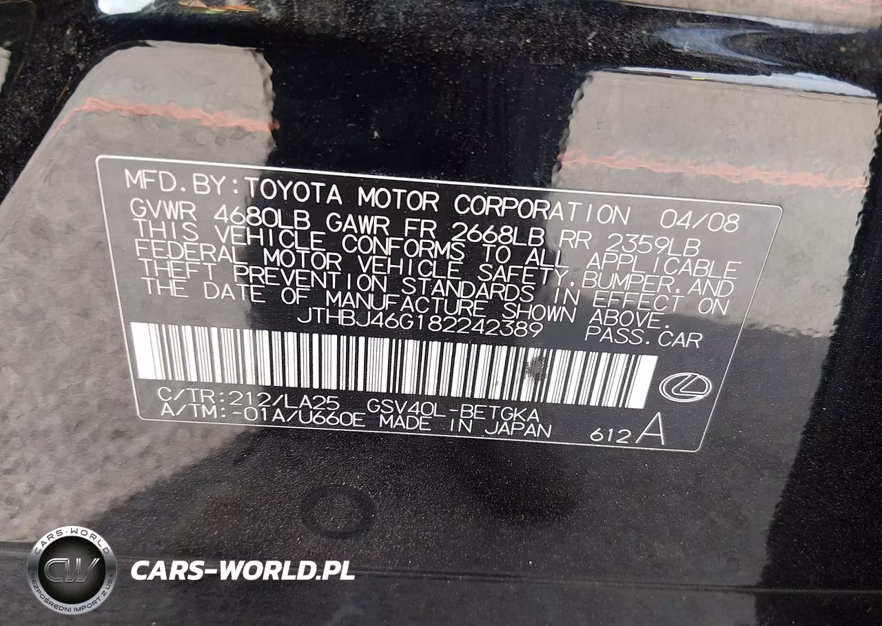 2008 Lexus Es 350 VIN:JTHBJ46G182242389 - 9