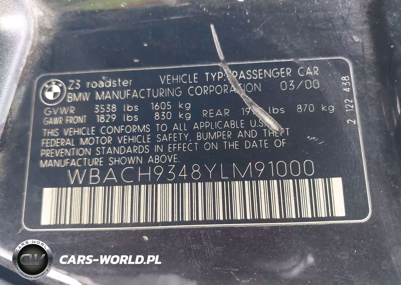 2000 BMW Z3 2.3 VIN:WBACH9348YLM91000 - 9