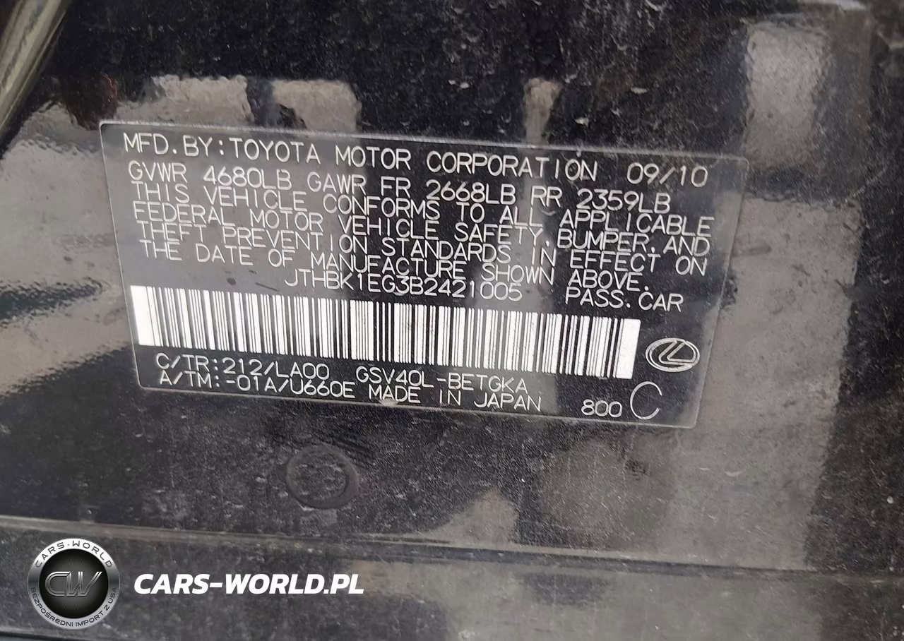 2011 Lexus Es 350 VIN:JTHBK1EG3B2421005 - 9
