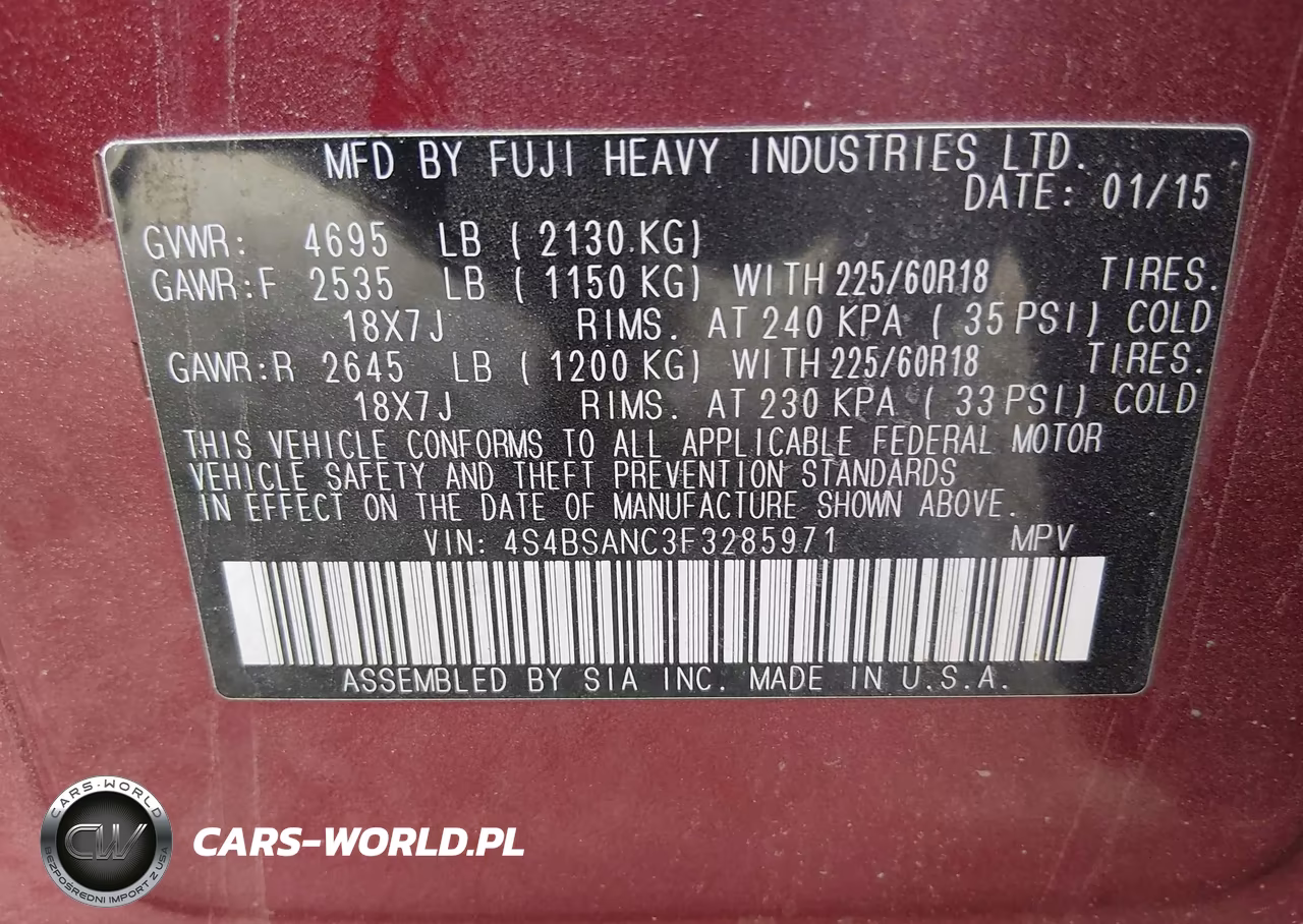 2015 Subaru Outback 2.5I Limited VIN:4S4BSANC3F3285971 - 9