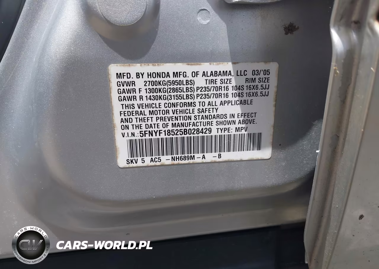 2005 Honda Pilot Ex-L VIN:5FNYF18525B028429 - 9