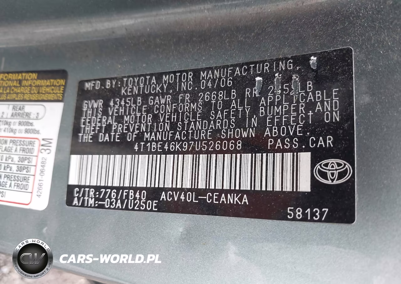 2007 Toyota Camry Le VIN:4T1BE46K97U526068 - 9