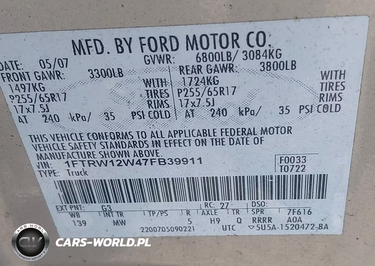 2007 Ford F-150 Xlt VIN:1FTRW12W47FB39911 - 9