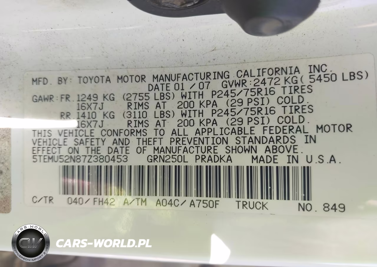 2007 Toyota Tacoma Base V6 VIN:5TEMU52N87Z380453 - 9