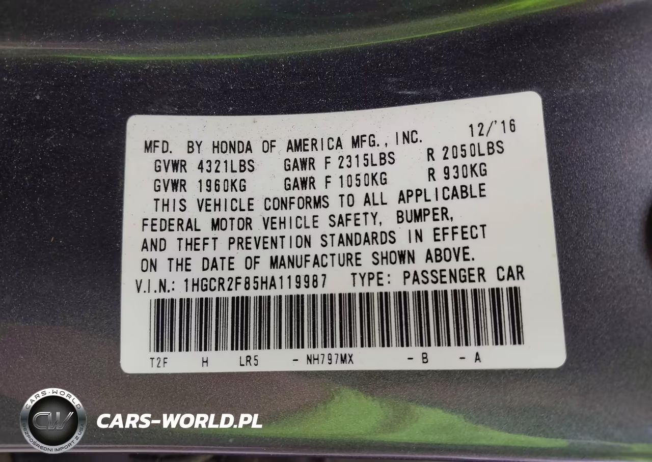 2017 Honda Accord Ex-L VIN:1HGCR2F85HA119987 - 9