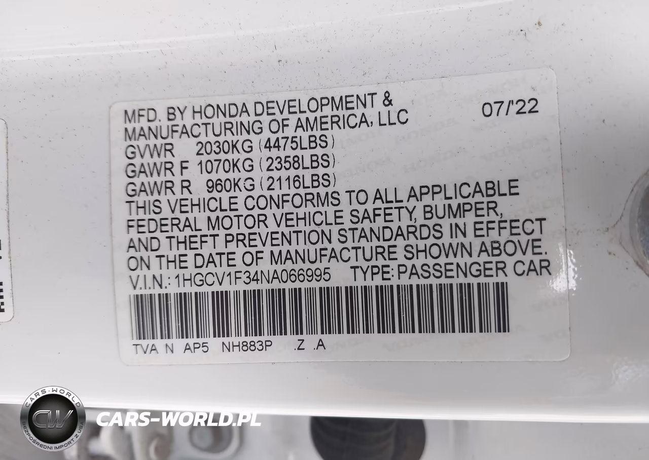 2022 Honda Accord Sport VIN:1HGCV1F34NA066995 - 9