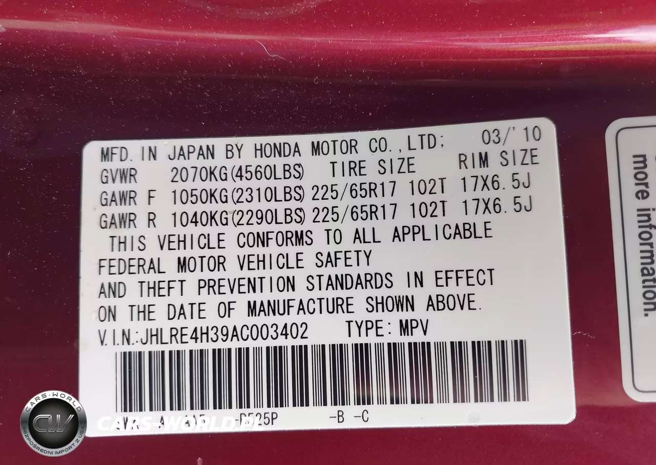 2010 Honda Cr-V Lx VIN:JHLRE4H39AC003402 - 9