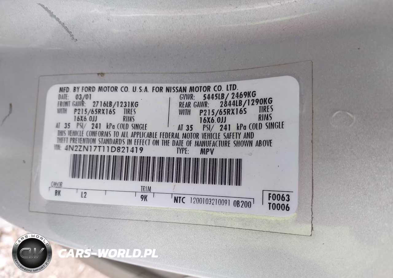 2001 Nissan Quest Gle VIN:4N2ZN17T11D821419 - 9