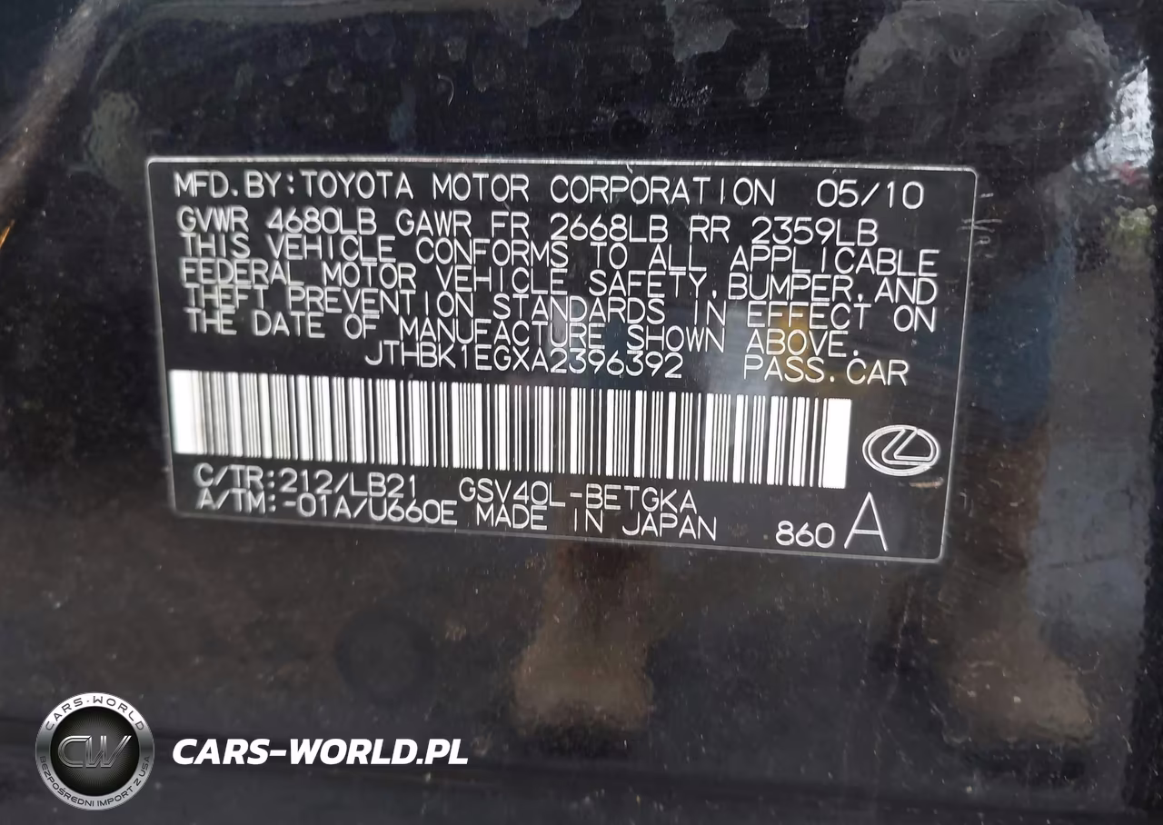 2010 Lexus Es 350 VIN:JTHBK1EGXA2396392 - 9