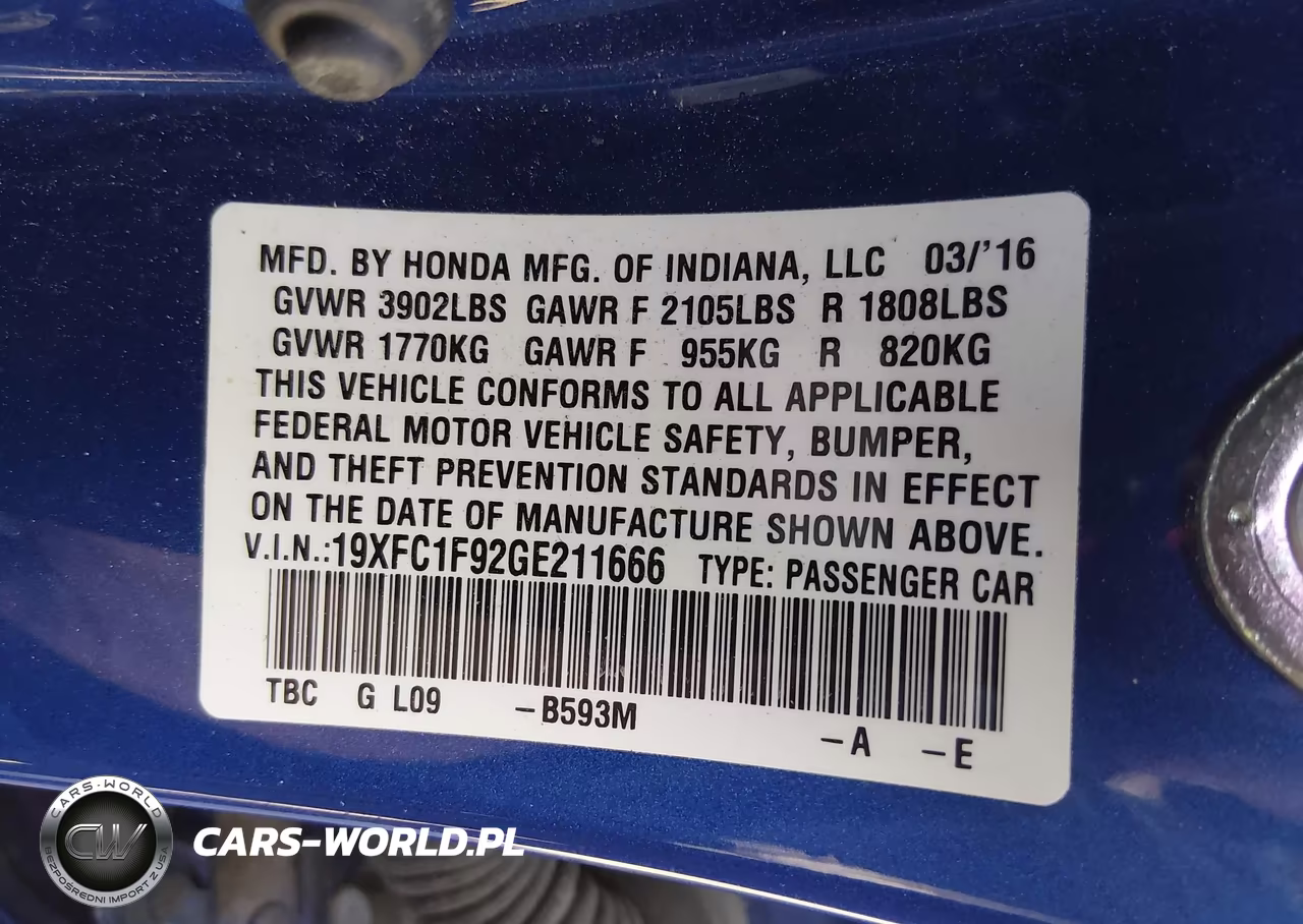 2016 Honda Civic Touring VIN:19XFC1F92GE211666 - 9