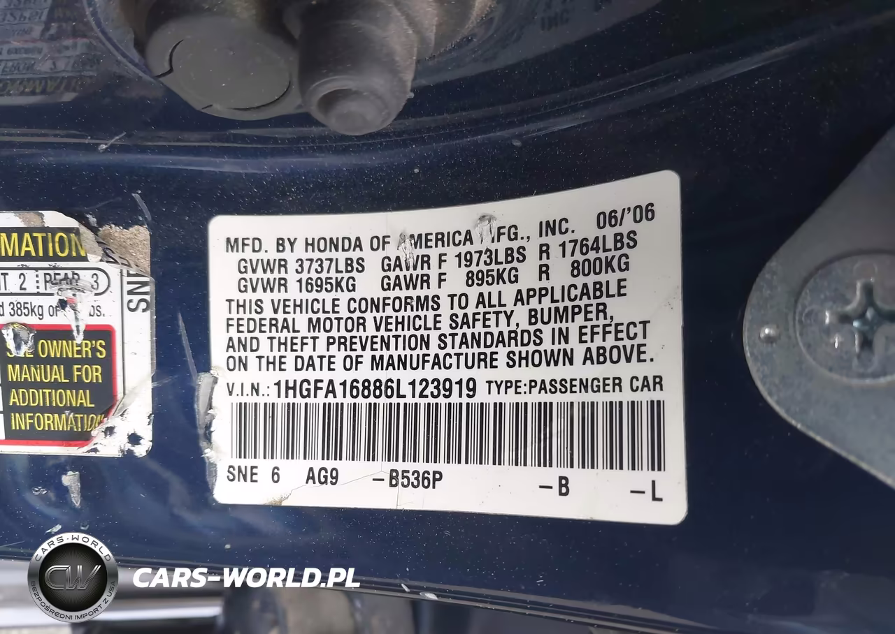 2006 Honda Civic Ex VIN:1HGFA16886L123919 - 9