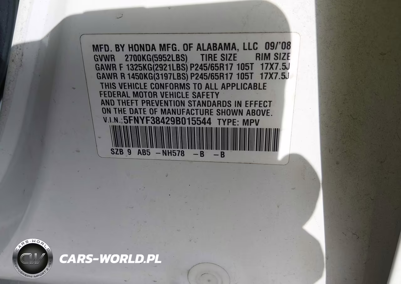 2009 Honda Pilot Ex VIN:5FNYF38429B015544 - 9