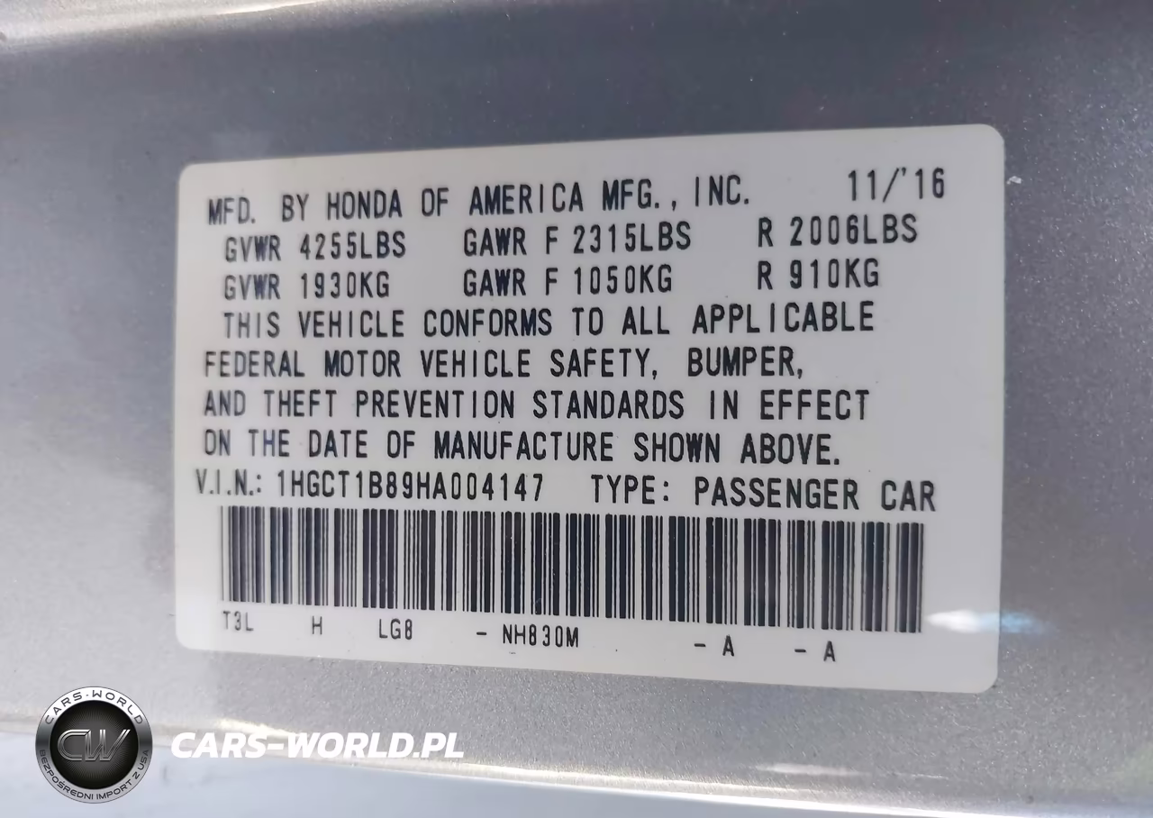 2017 Honda Accord Ex-L VIN:1HGCT1B89HA004147 - 9