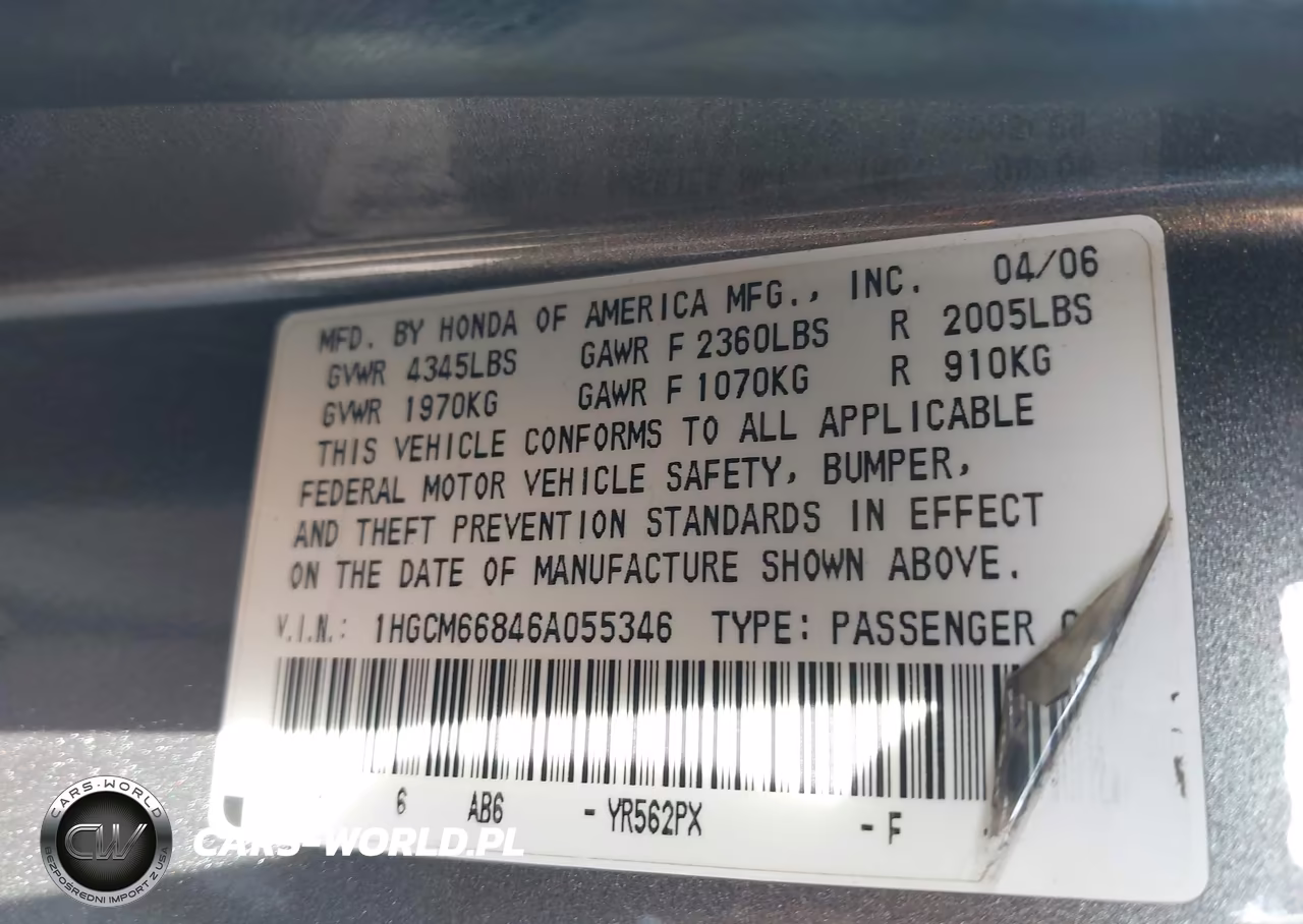 2006 Honda Accord 3.0 Ex VIN:1HGCM66846A055346 - 9