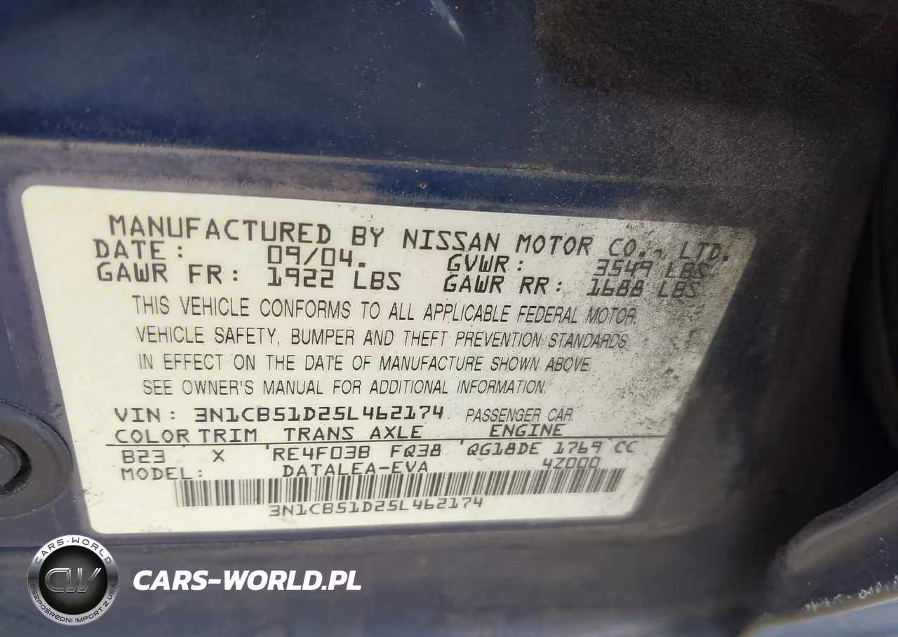 2005 Nissan Sentra 1.8S VIN:3N1CB51D25L462174 - 9