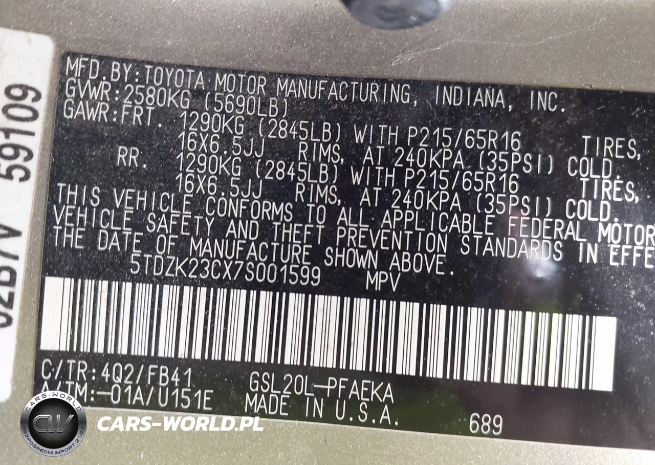 2007 Toyota Sienna Ce VIN:5TDZK23CX7S001599 - 9
