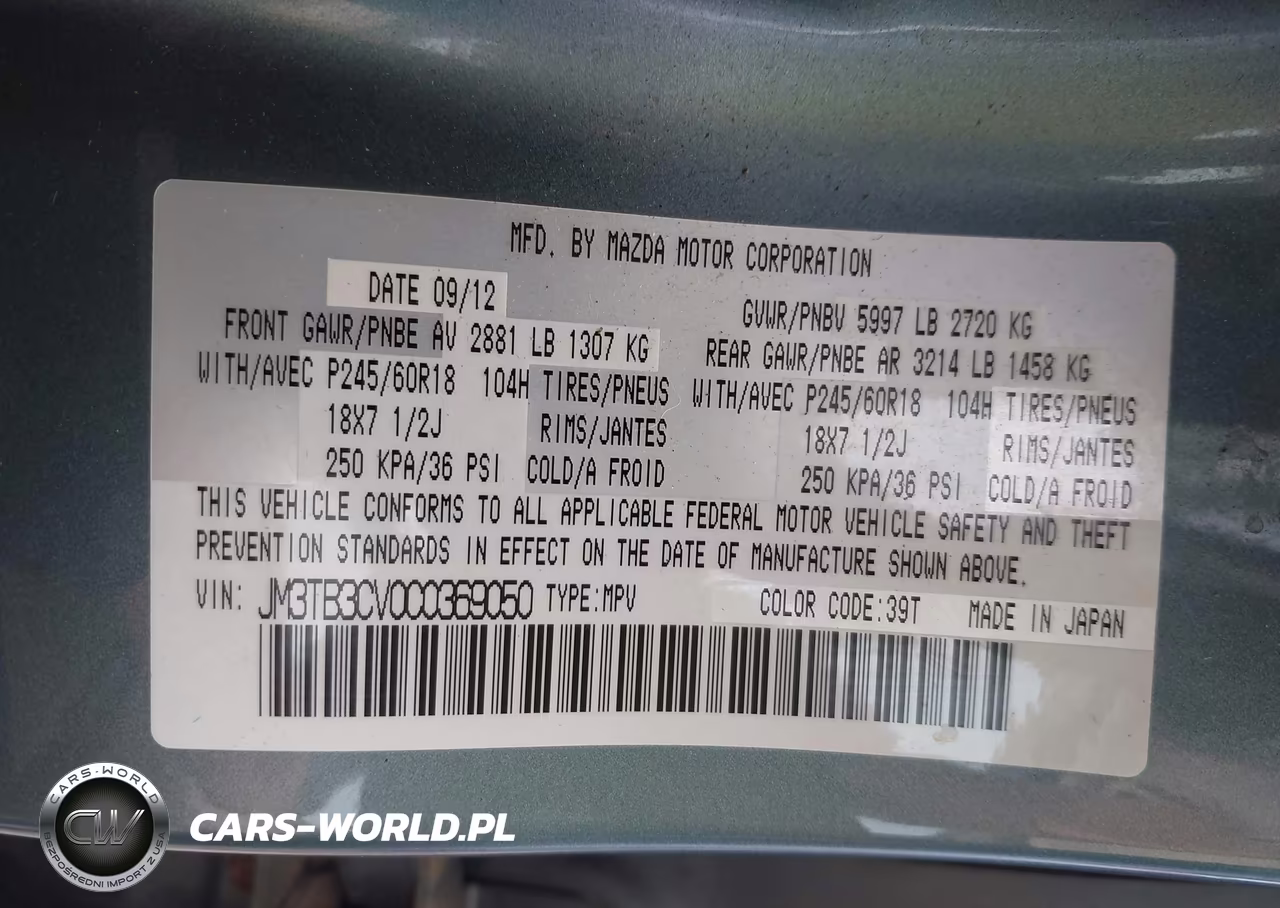 2012 Mazda Cx-9 Touring VIN:JM3TB3CV0C0369050 - 9