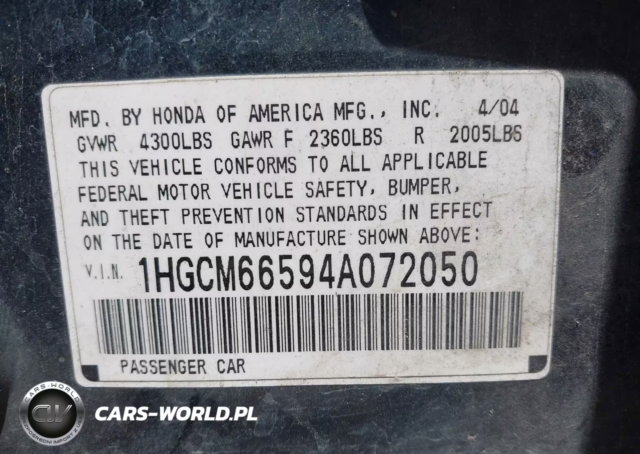 2004 Honda Accord 3.0 Ex VIN:1HGCM66594A072050 - 9