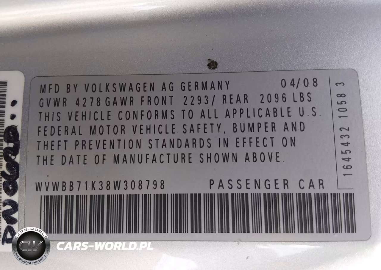 2008 Volkswagen Rabbit S VIN:WVWBB71K38W308798 - 9