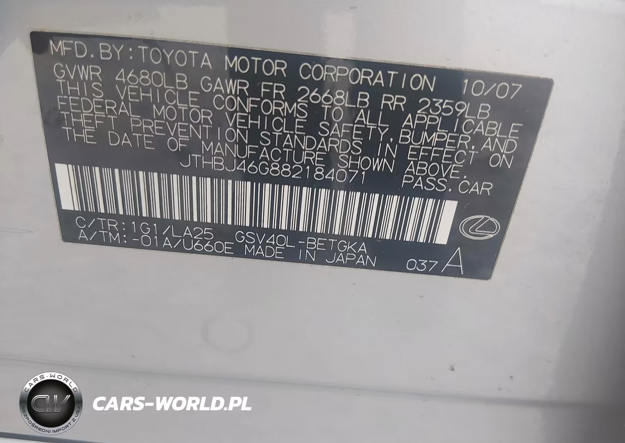 2008 Lexus Es 350 VIN:JTHBJ46G882184071 - 9
