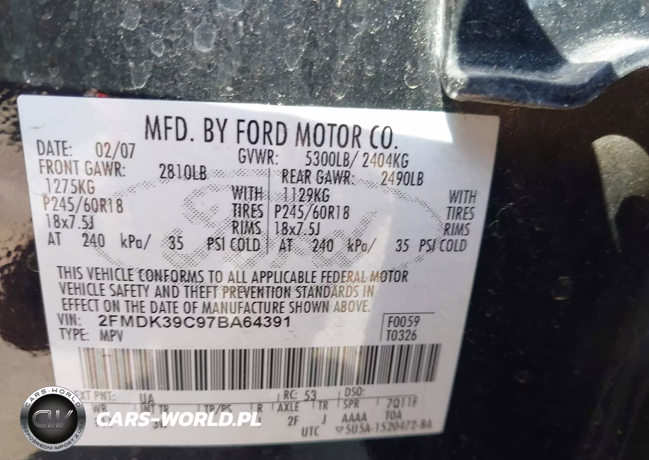 2007 Ford Edge Sel Plus VIN:2FMDK39C97BA64391 - 9