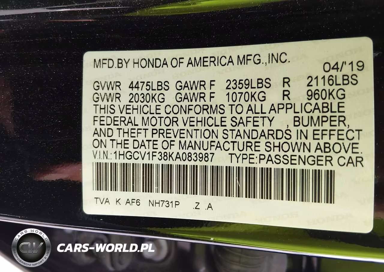 2019 Honda Accord Sport VIN:1HGCV1F38KA083987 - 9