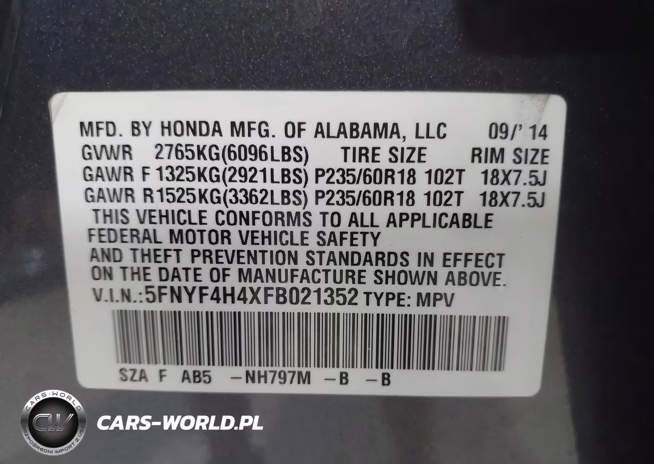 2015 Honda Pilot Ex VIN:5FNYF4H4XFB021352 - 9