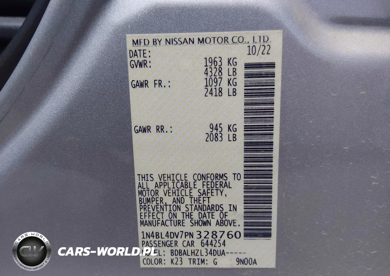 2023 Nissan Altima Sv Fwd VIN:1N4BL4DV7PN328760 - 9