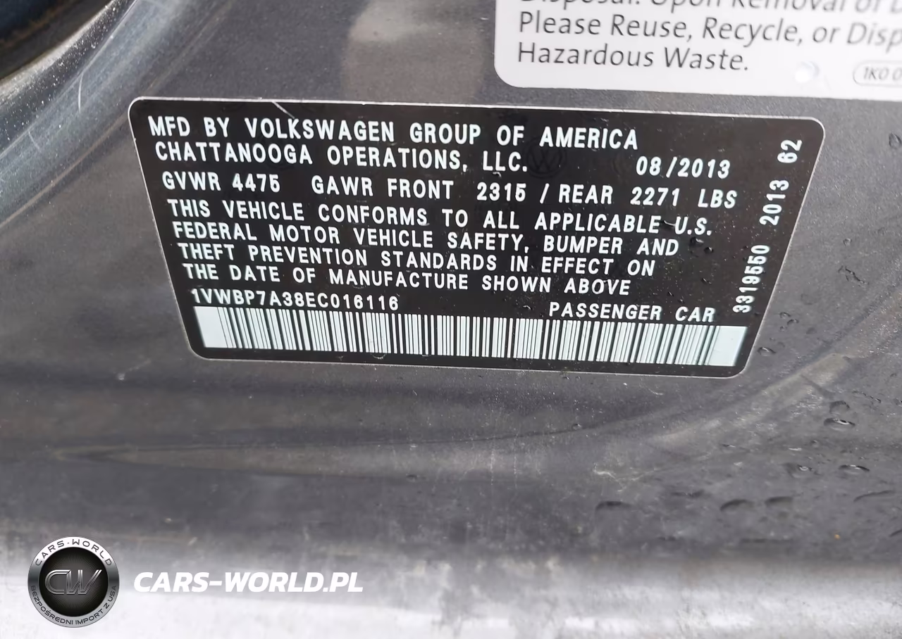 2014 Volkswagen Passat 2.5L Se VIN:1VWBP7A38EC016116 - 9