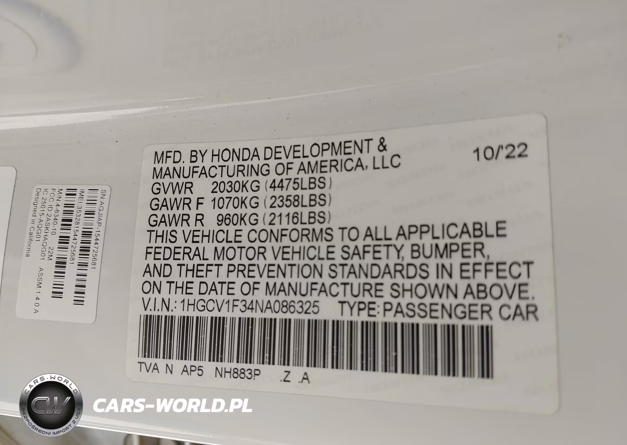 2022 Honda Accord Sport VIN:1HGCV1F34NA086325 - 9