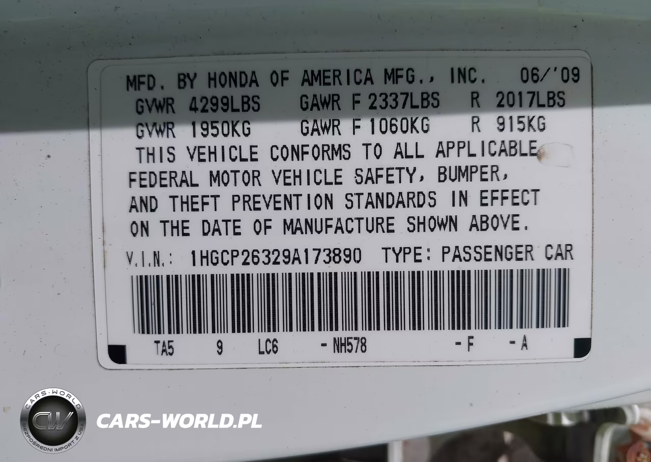 2009 Honda Accord 2.4 Lx VIN:1HGCP26329A173890 - 9