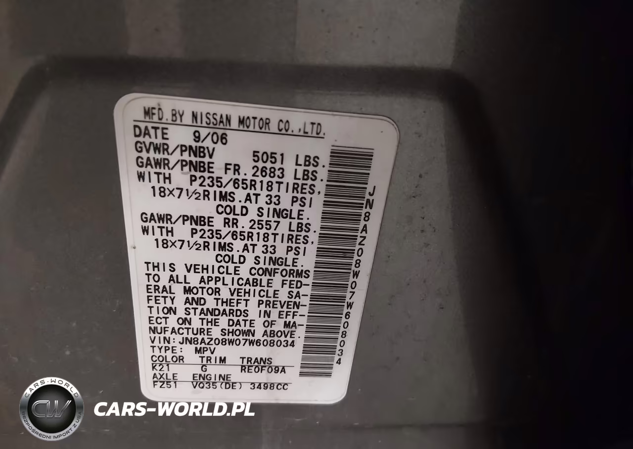 2007 Nissan Murano Sl VIN:JN8AZ08W07W608034 - 9