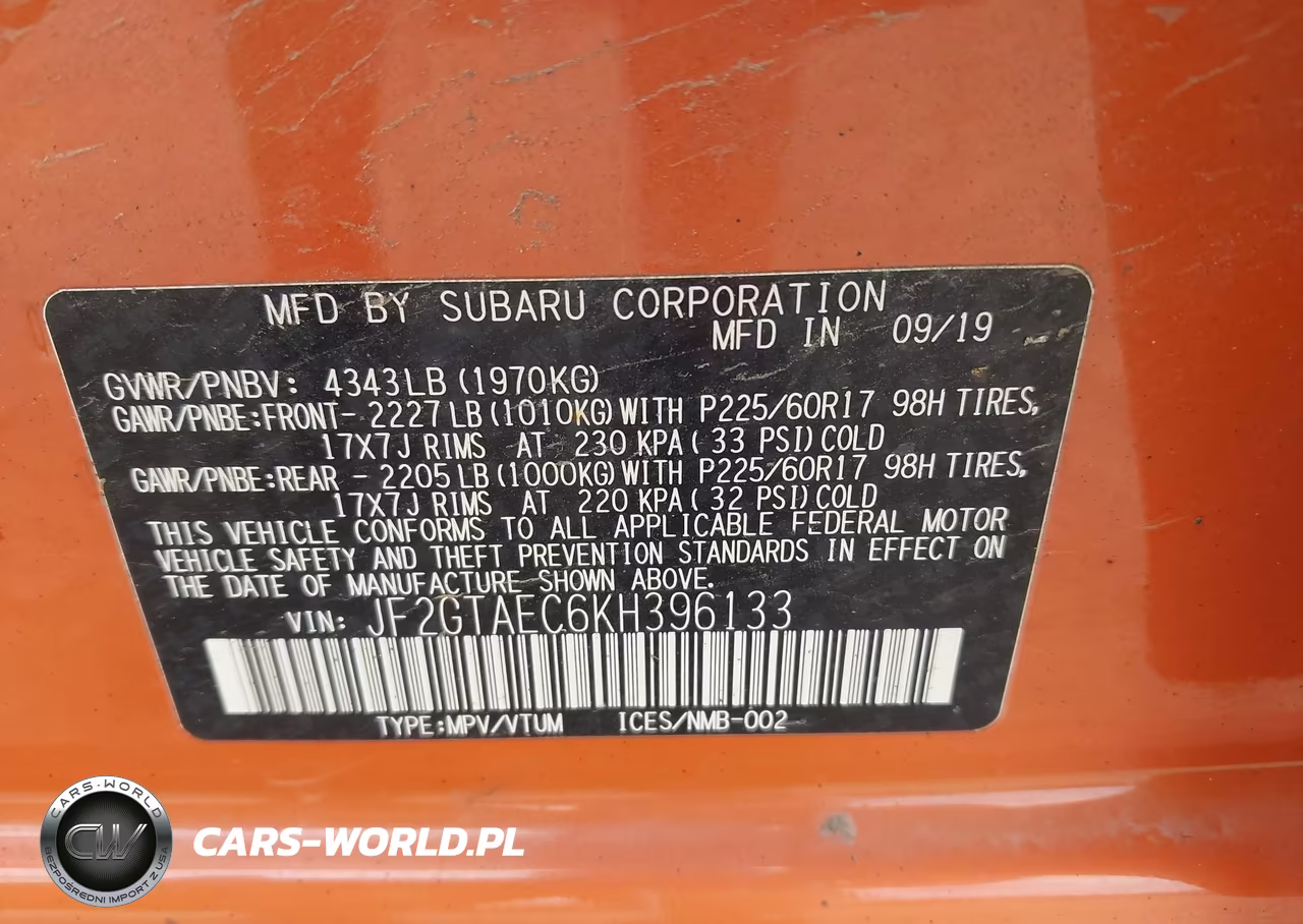 2019 Subaru Crosstrek 2.0I Premium VIN:JF2GTAEC6KH396133 - 9