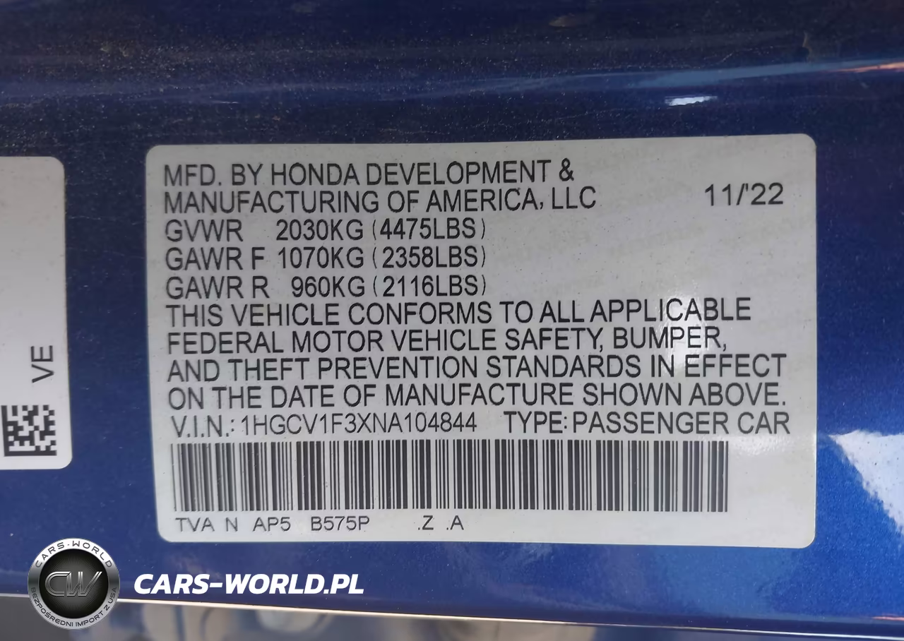 2022 Honda Accord Sport VIN:1HGCV1F3XNA104844 - 9