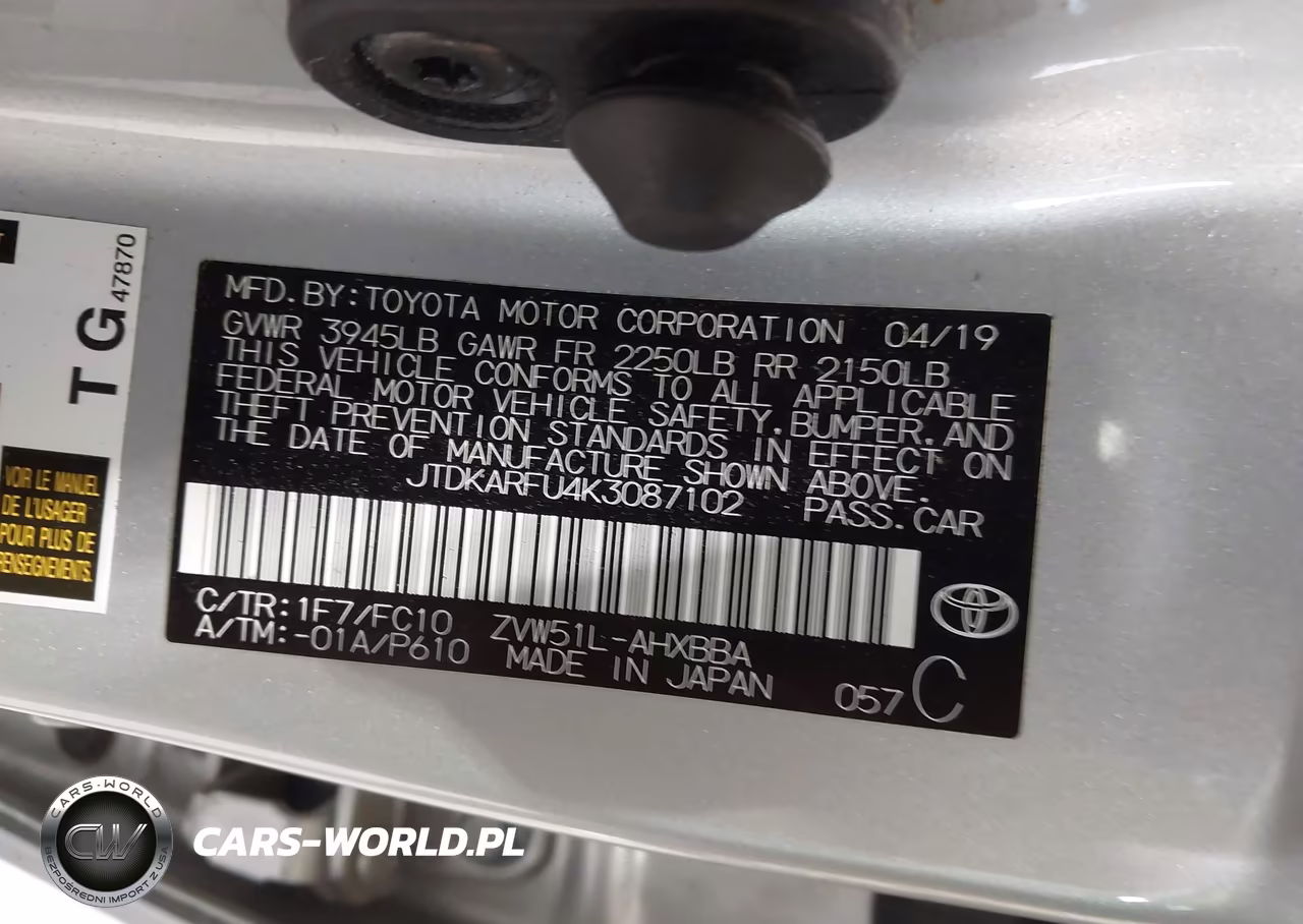 2019 Toyota Prius L Eco VIN:JTDKARFU4K3087102 - 9