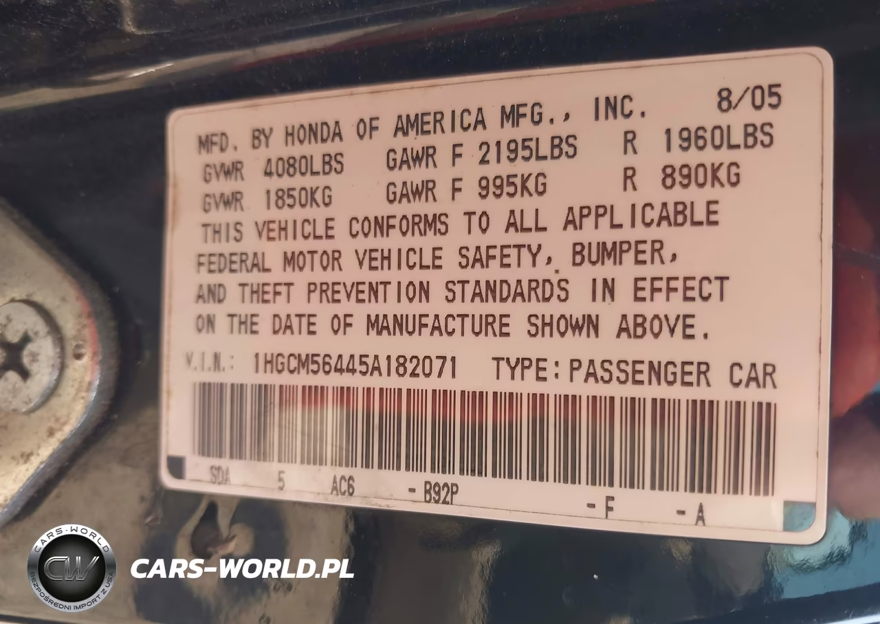 2005 Honda Accord 2.4 Lx VIN:1HGCM56445A182071 - 9