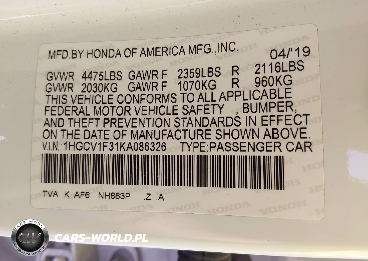 2019 Honda Accord Sport VIN:1HGCV1F31KA086326 - 9