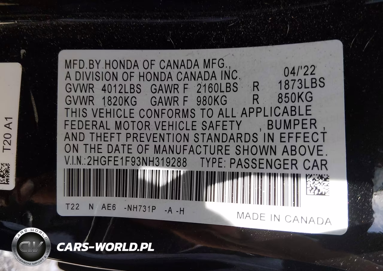 2022 Honda Civic Touring VIN:2HGFE1F93NH319288 - 9