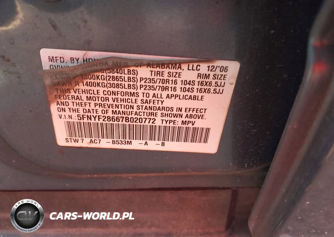 2007 Honda Pilot Ex-L VIN:5FNYF28667B020772 - 9