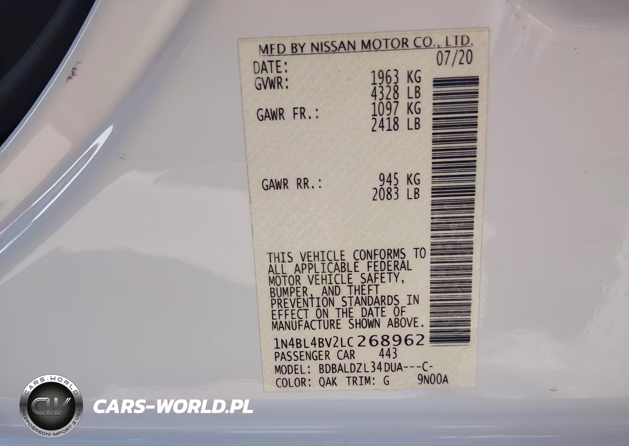 2020 Nissan Altima S Fwd VIN:1N4BL4BV2LC268962 - 9