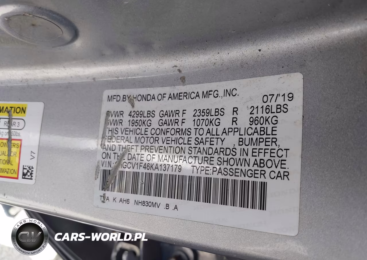 2019 Honda Accord Ex VIN:1HGCV1F46KA137179 - 9