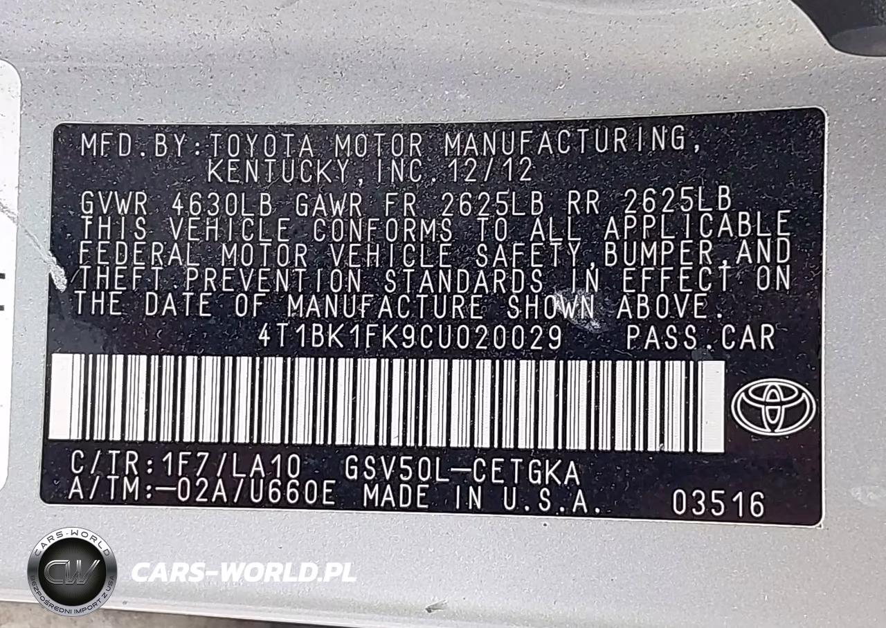 2012 Toyota Camry Xle V6 VIN:4T1BK1FK9CU020029 - 9