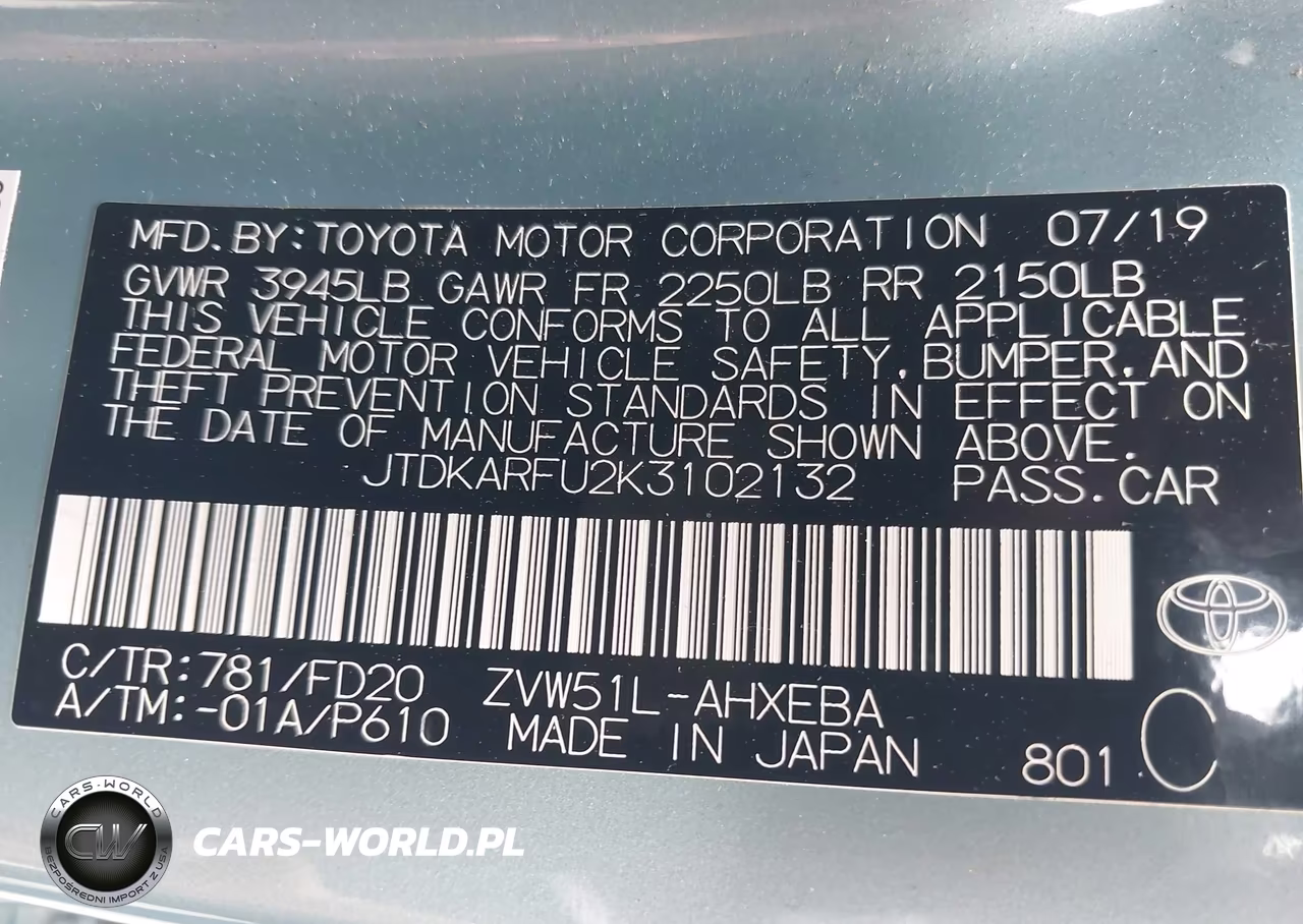 2019 Toyota Prius Le VIN:JTDKARFU2K3102132 - 9